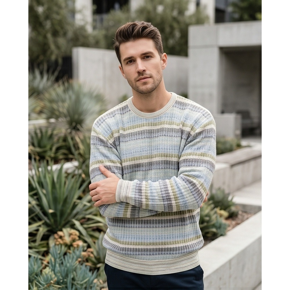 Vintage L Tricots St Raphael Sweater Mens Blue Green Striped 80s Made in USAโ